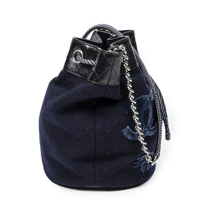 Chanel Embroidered Wool Bucket Chain Bag Navy Black Matelasse Lambskin Leather A