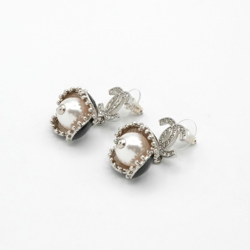 Chanel Earrings Earring Silver Black Coco Mark Rhinestone Flower