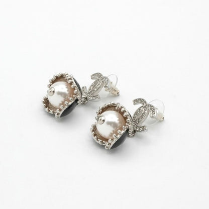 Chanel Earrings Earring Silver Black Coco Mark Rhinestone Flower