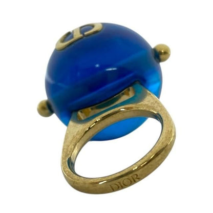 Christian DIOR Sorbet Ring Tribal Ball Jewelry Logo GP Metal Resin Gold Blue [M