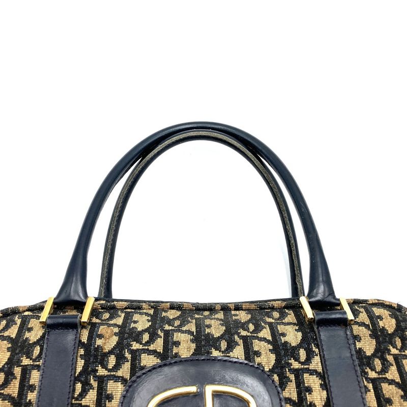 DIOR Handbag Vintage Boston Bag Navy Blue Canvas Trotter Women Men