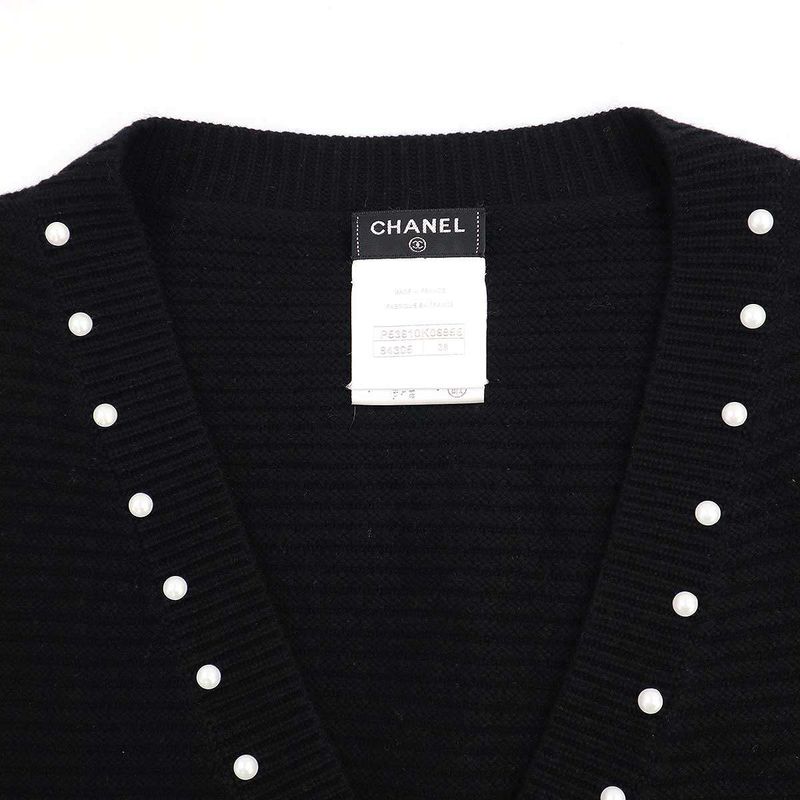 Chanel Faux Pearl Cashmere Cotton Knit Cardigan P53610k06955 Black 38