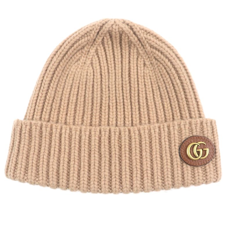 Gucci 764594 Double G Wool Cashmere Leather Use Cable Knit Hat Cap Beige M