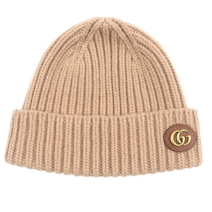 Gucci 764594 Double G Wool Cashmere Leather Use Cable Knit Hat Cap Beige M