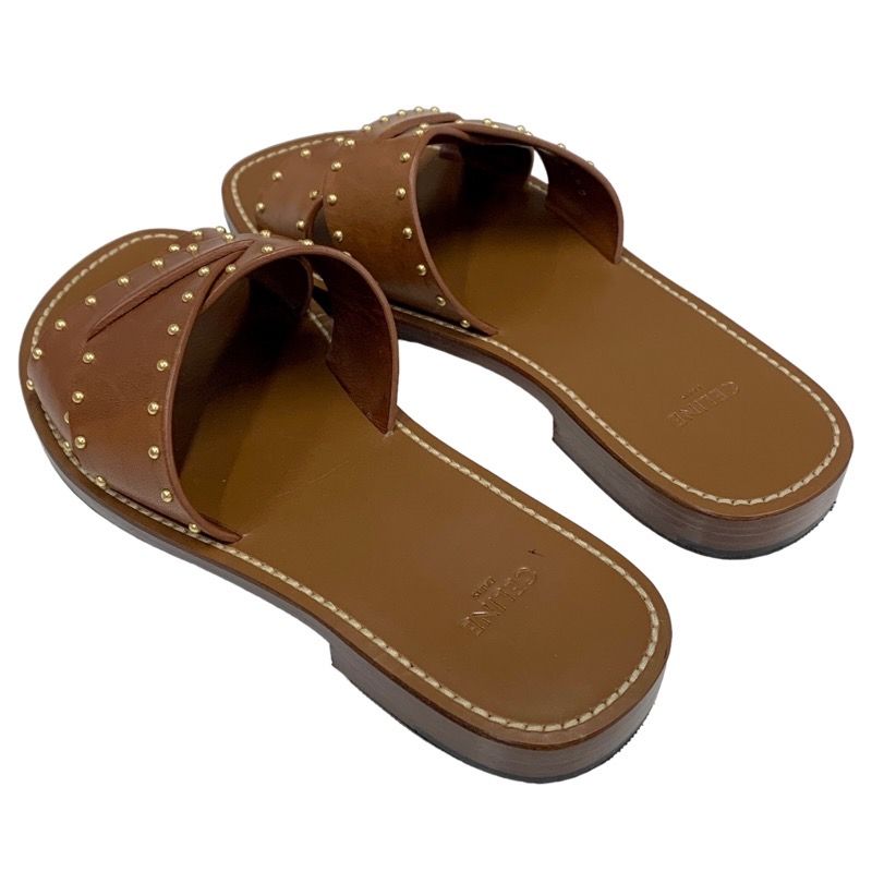 Celine Sandals Shoes Leather Brown Gold Flat Sandals Mules Studs