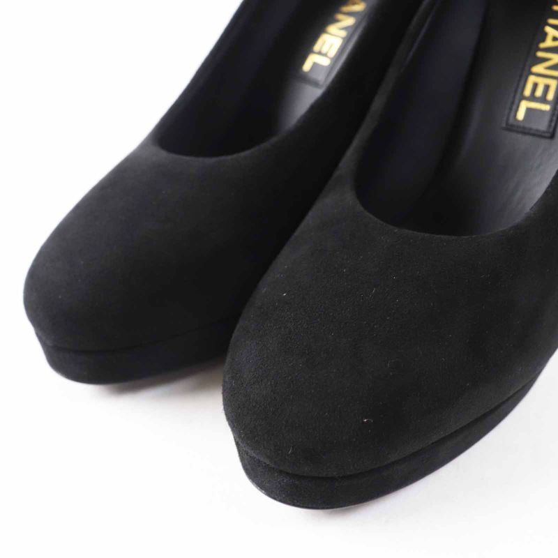 CHANEL 23K G45288 Pin Heel Suede Leather Pumps With Rhinestone Coco Mark Black