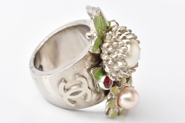 Chanel Ring Coco Mark Pearl Leaf Motif Silver Size 14