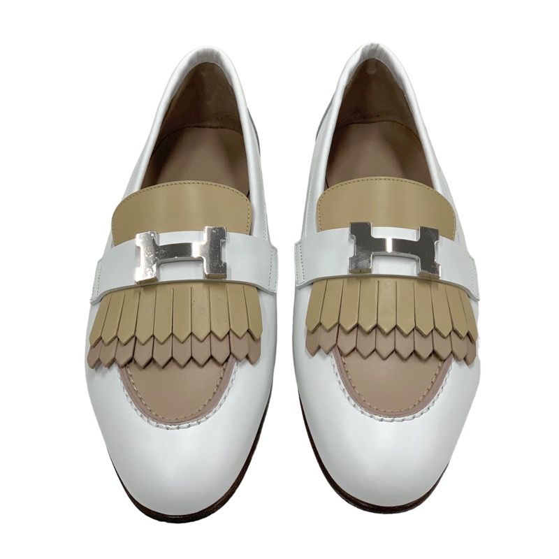 Hermes Royale Loafers Leather Shoes Leather White Beige Silver Unused Moccasins
