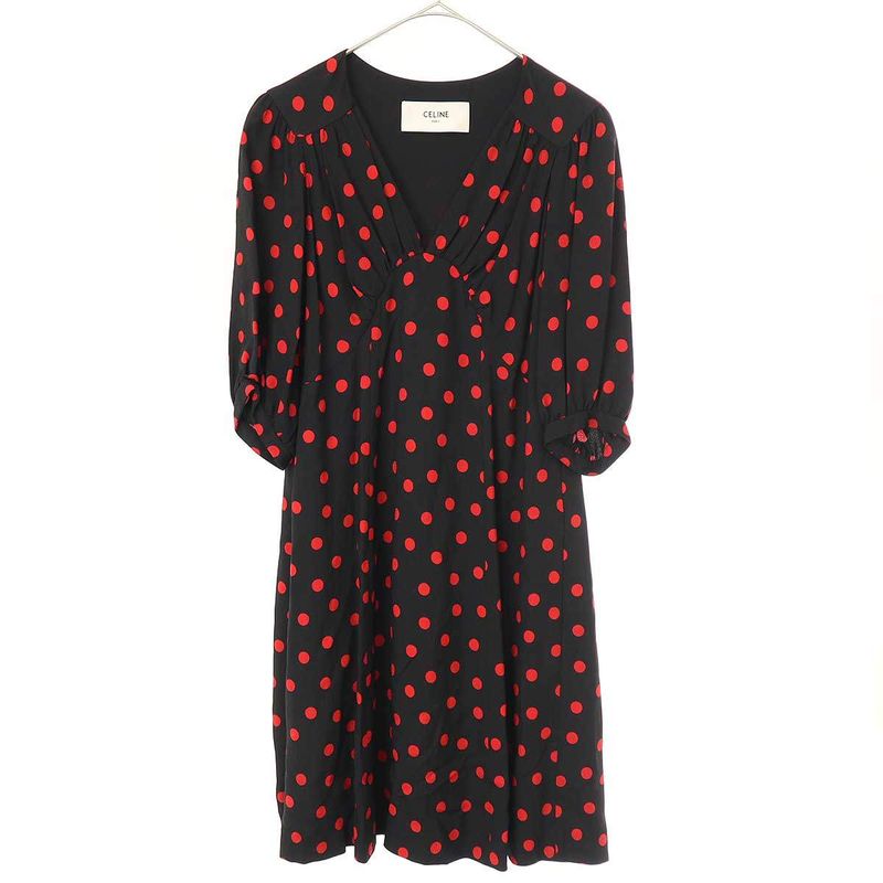 Celine Draped Neck Dot Dress 2r378334f Black Red 34