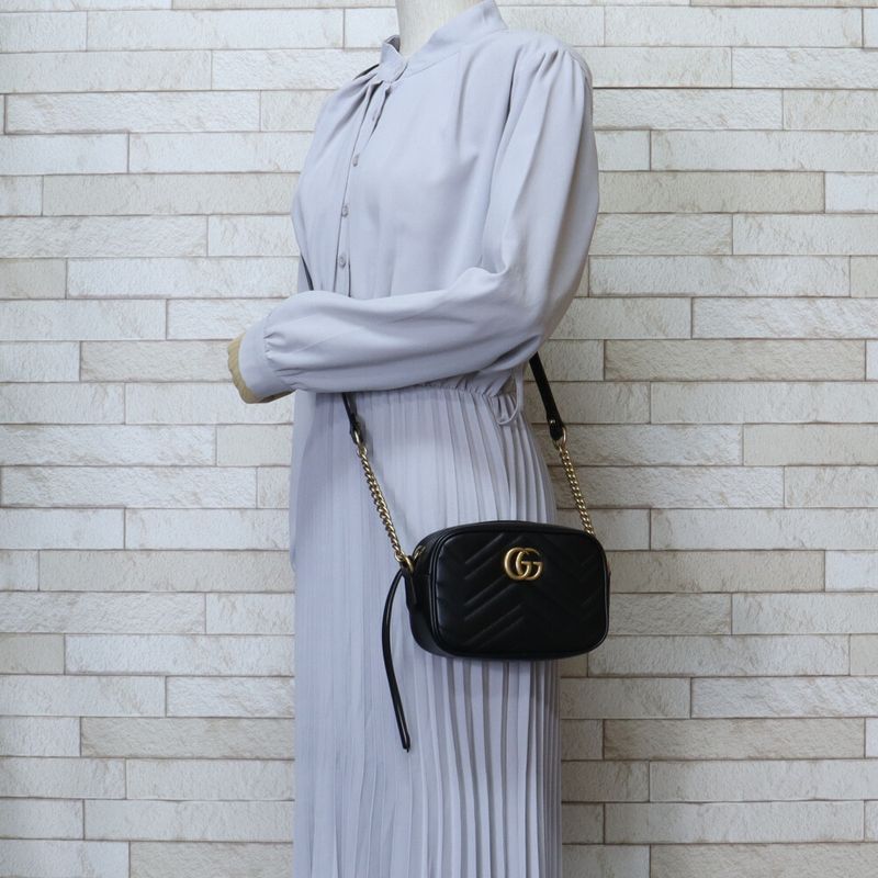 Gucci Quilted Mini Bag GG Marmont Shoulder Bag Leather 448065 Black Ladies