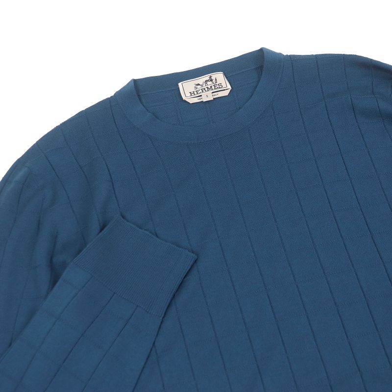 Hermes Wool Window Pen Crew Neck Light Hand Long Sleeve Knit Sweater Blue S