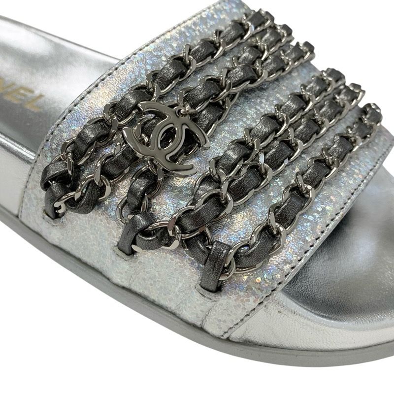 Chanel Sandals Shoes Leather Silver Coco Mark Chain Flat Mule