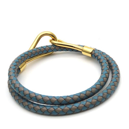 Hermes Bracelet Jumbo Breath Metal Leather Blue Gray Gold Hardware 2 Strands