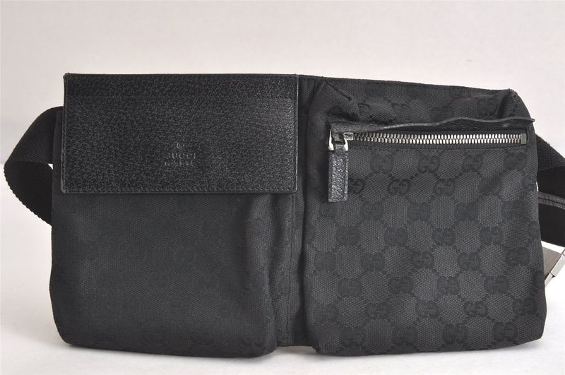 Gucci Vintage Waist Body Bag Wallet GG Canvas Leather 28566 Black 3064n