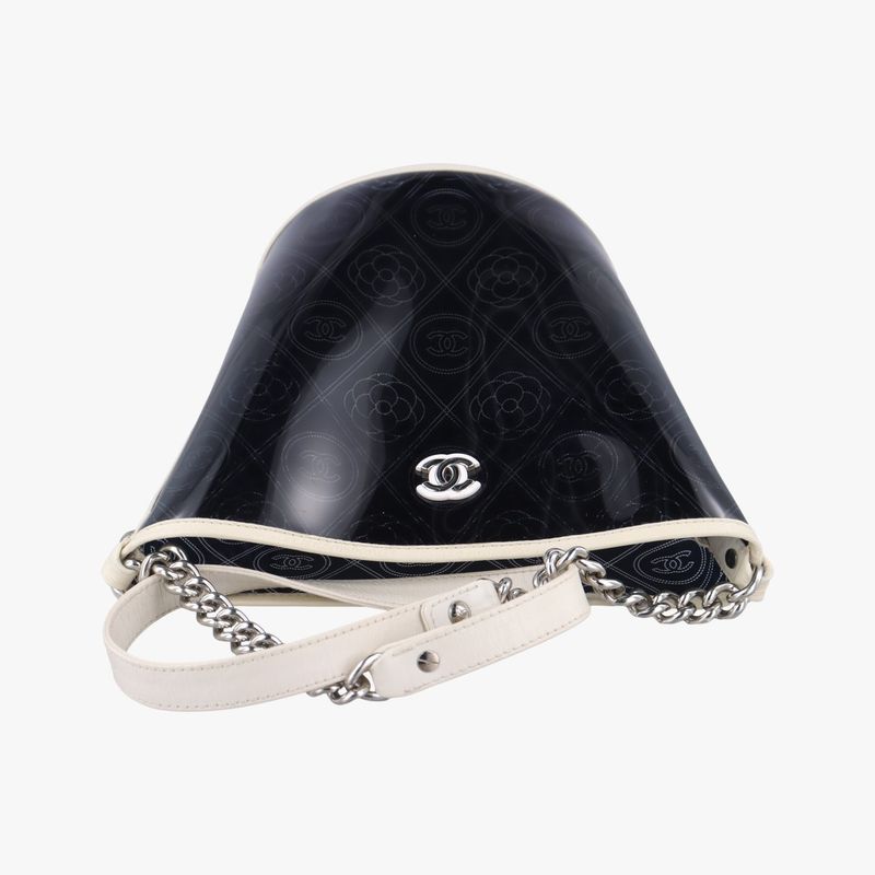 Chanel Coco Mark Camellia Vinyl Basket Black And White PVC Coated Canvas A57637