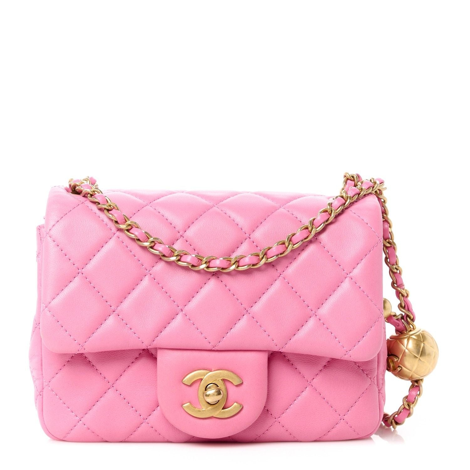 CHANEL Lambskin Quilted Mini Pearl Crush Flap Bag Chain Purse Pink