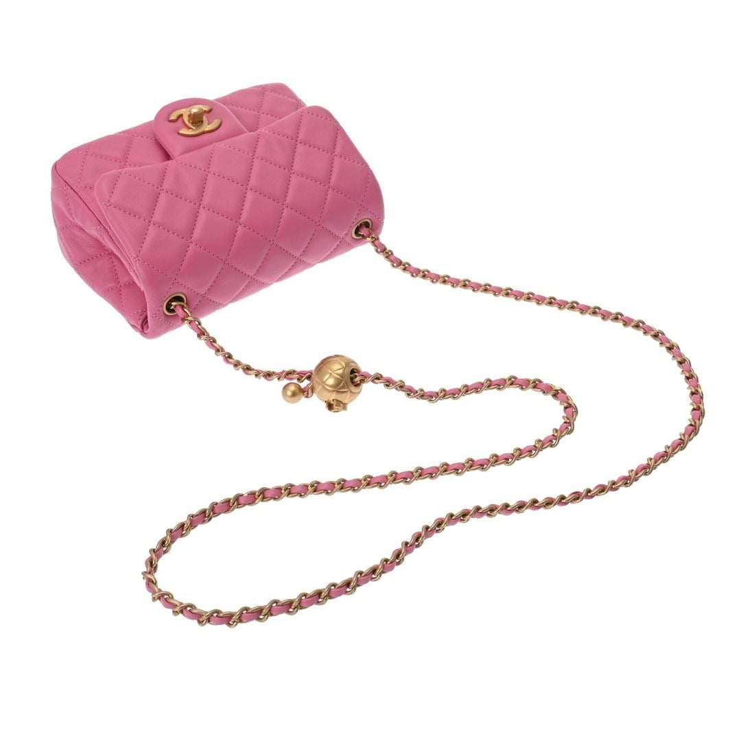 CHANEL Lambskin Quilted Mini Pearl Crush Flap Bag Chain Purse Pink