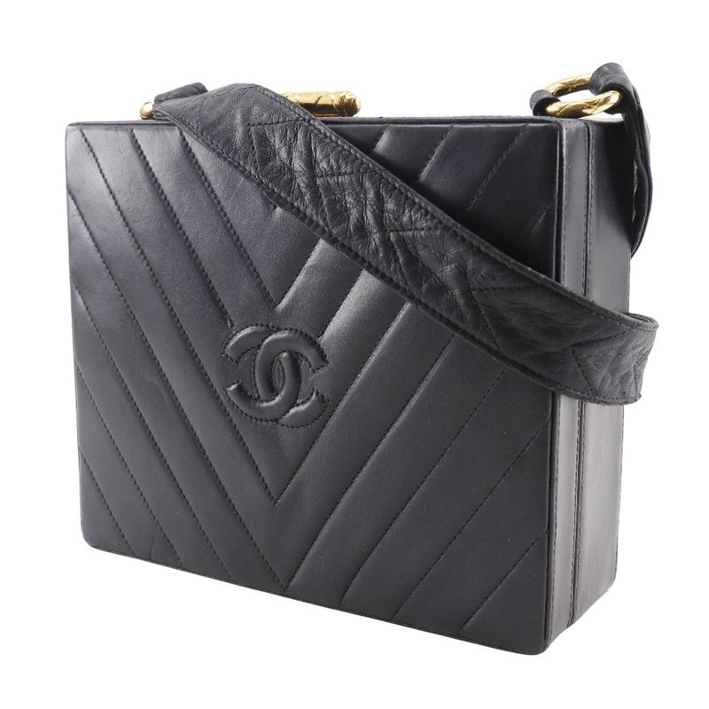 Chanel Chevron Coco Mark V-stitching Vintage Lambskin Black Women Shoulder Bag