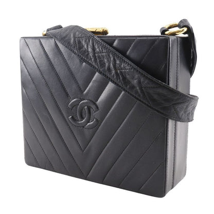 Chanel Chevron Coco Mark V-stitching Vintage Lambskin Black Women Shoulder Bag