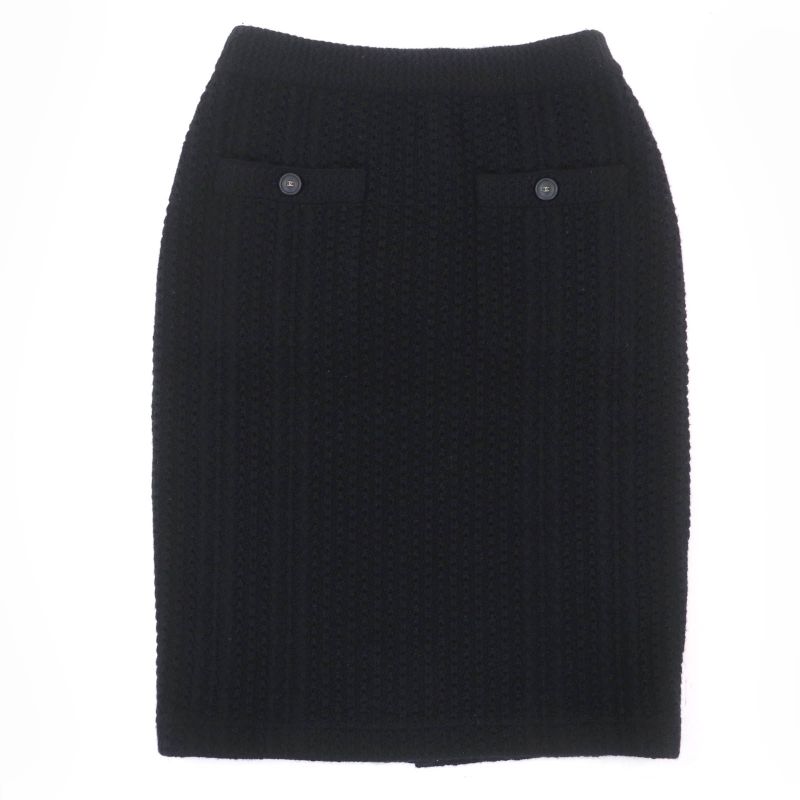 CHANEL 17B P57346k07533 Cashmere Coco Mark Button Knit Tight Skirt Black 36