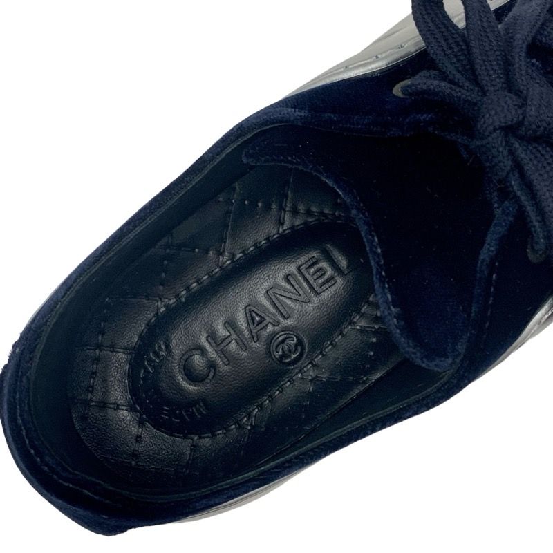 Chanel Sneakers Shoes Velor Leather Silver Navy Here Mark