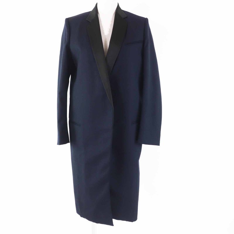 Celine 2 8h28/5065 Phoebe Philo Satin Lapel Crombie Coat Navy Black 34 Made In