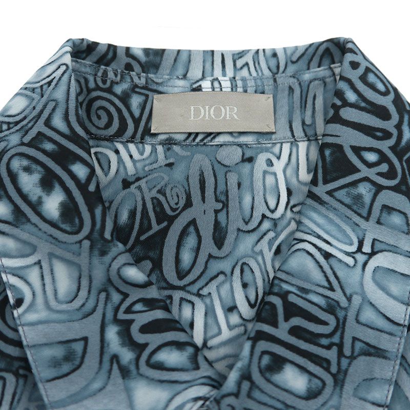 Dior X Stussy Logo All Over Short Sleeve Shirt Size 38 Navy