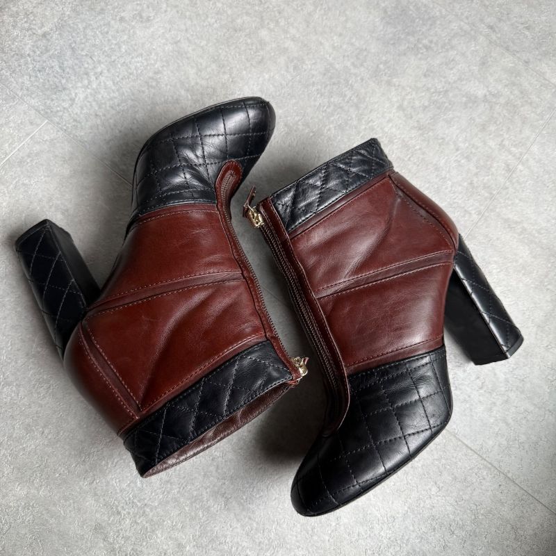 Chanel Matelasse Coco Mark Zip Up Boots Leather Brown Black Bicolor 37c 24cm