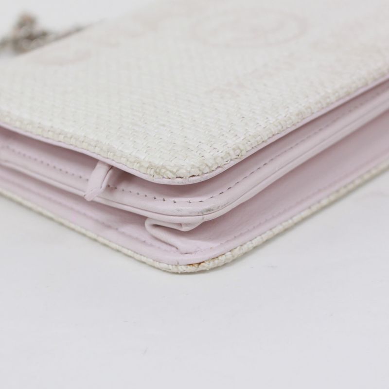 Chanel Deauville Chain Wallet Leather X Straw Light Pink Shoulder Bag Silver