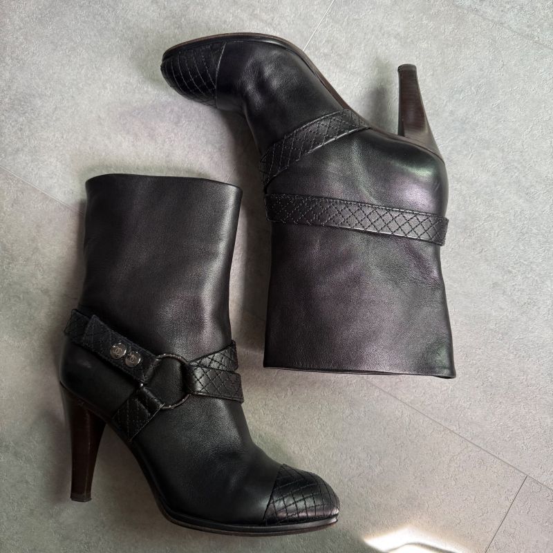 Chanel Matelasse Leather Belt Boots Coco Mark Medium Length Black 37c 24cm