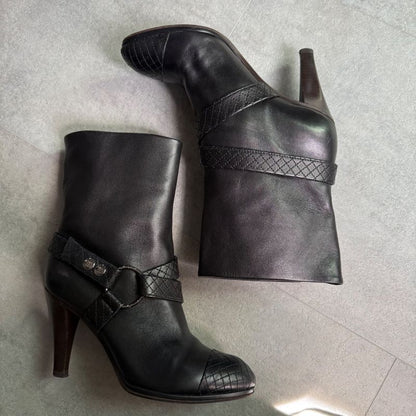 Chanel Matelasse Leather Belt Boots Coco Mark Medium Length Black 37c 24cm