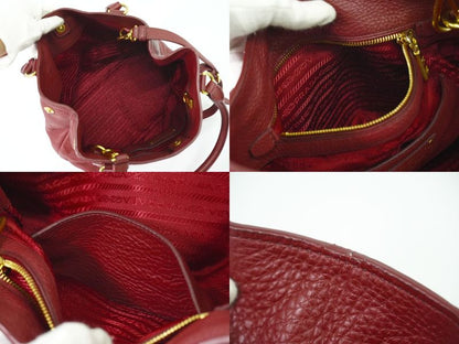Authentic Prada Leather 2WAY Shoulder Bag Handbag Pochette Bordeaux Bag