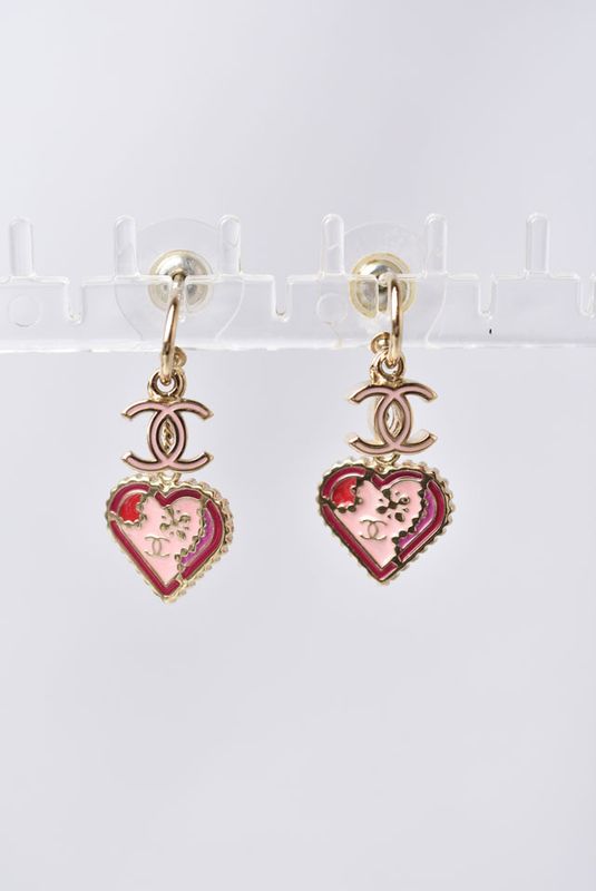 Chanel Earrings CC Mark Heart Motif Pink Gold