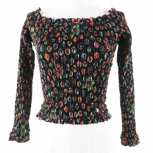 CHANEL P70157 Coco Mark Total Off Shoulder Sheer Ring Blouse Black Multi 34