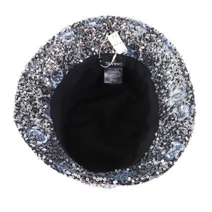 CHANEL 24C Sequined Coco Mark Bucket Hat Silver M Ladies