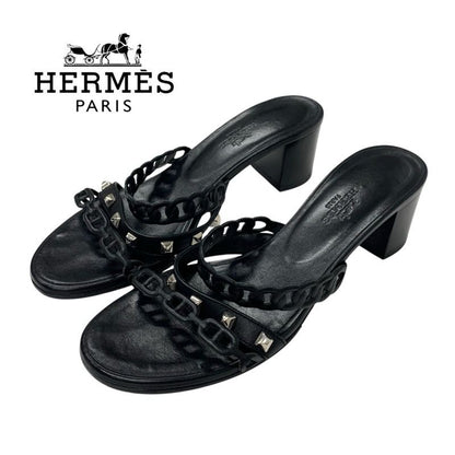 Hermes Aggaccio Sandals Shoes Leather Black Silver Chaine D'ancre Studded Mules