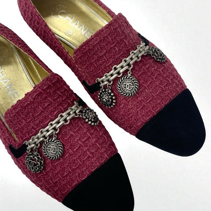 Chanel Flat Shoes Tweed Suede Pink Black Here Mark Chain Charm Opera Shoes