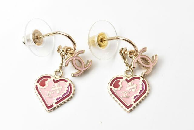 Chanel Earrings Chanel Swing Earrings CC Mark Heart Motif Pink Gold