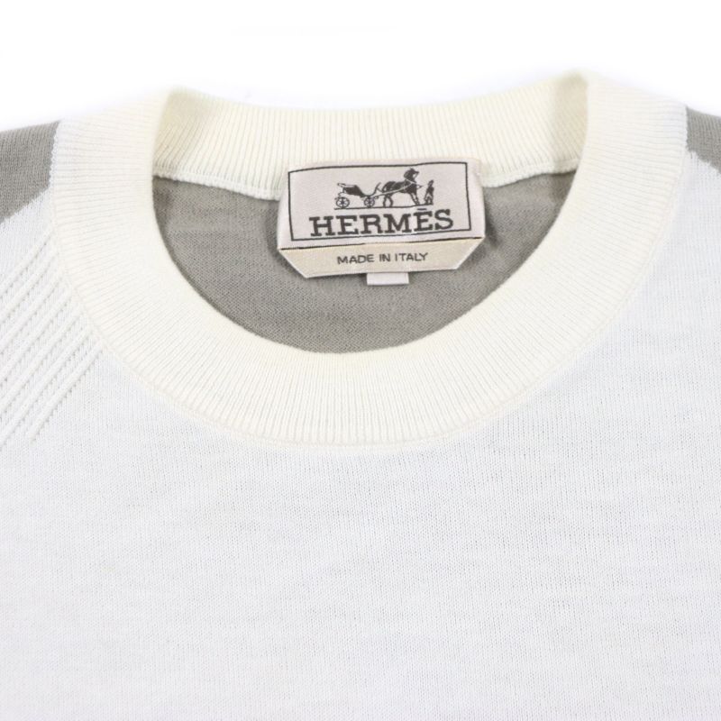 Hermes 22SS Cotton Cashmere Crew Neck Bicolor Short Sleeve Thermal Knit Ivory