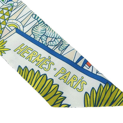 Hermes Twille Scarf 100% Silk Animapolis White Green Pink Multicolor Small