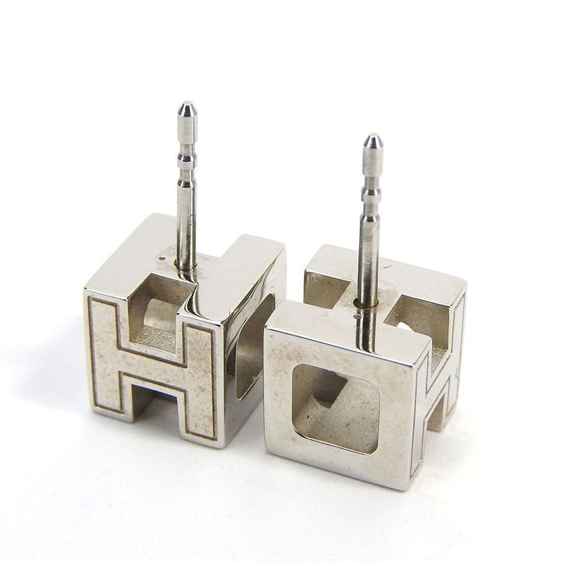Hermes Earrings Caje De Ashe H Cube Pink Silver Plated Accessories Jewelry