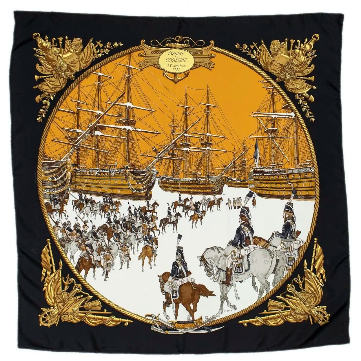 HERMES Silk Scarf Carre 90 Marine et Cavalerie by Philippe Ledoux Black Gold