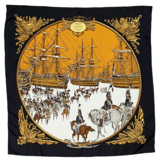 HERMES Silk Scarf Carre 90 Marine et Cavalerie by Philippe Ledoux Black Gold