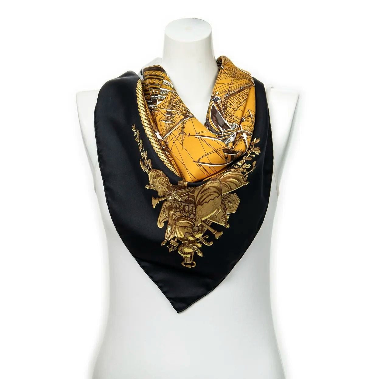 HERMES Silk Scarf Carre 90 Marine et Cavalerie by Philippe Ledoux Black Gold