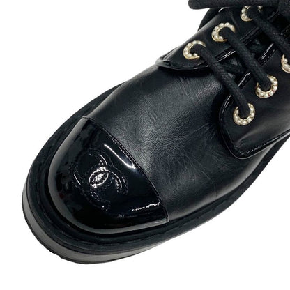 Chanel Boots Short Boots Shoes Here Mark Lace Up Pearl Leather Patent Black