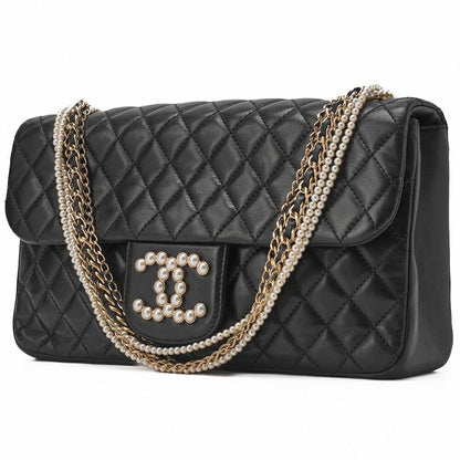 Chanel Shoulder Bag Matelasse Pearl Coco Mark Chain Shoulder Lambskin Black