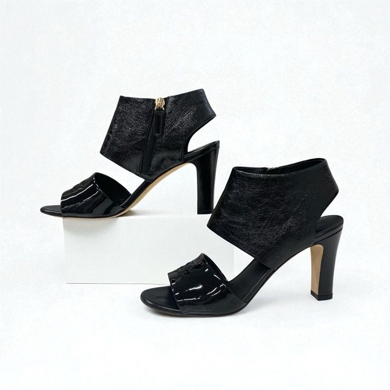 Chanel Sandals Shoes Leather Patent Black Here Mark Wrinkle Processing