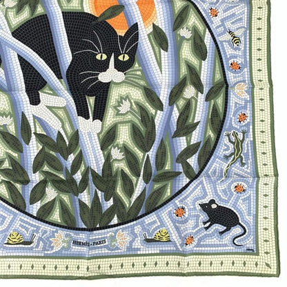 Hermes Carre 90 CAVE Felem Note The Cat Multicolor Scarf 100% Silk