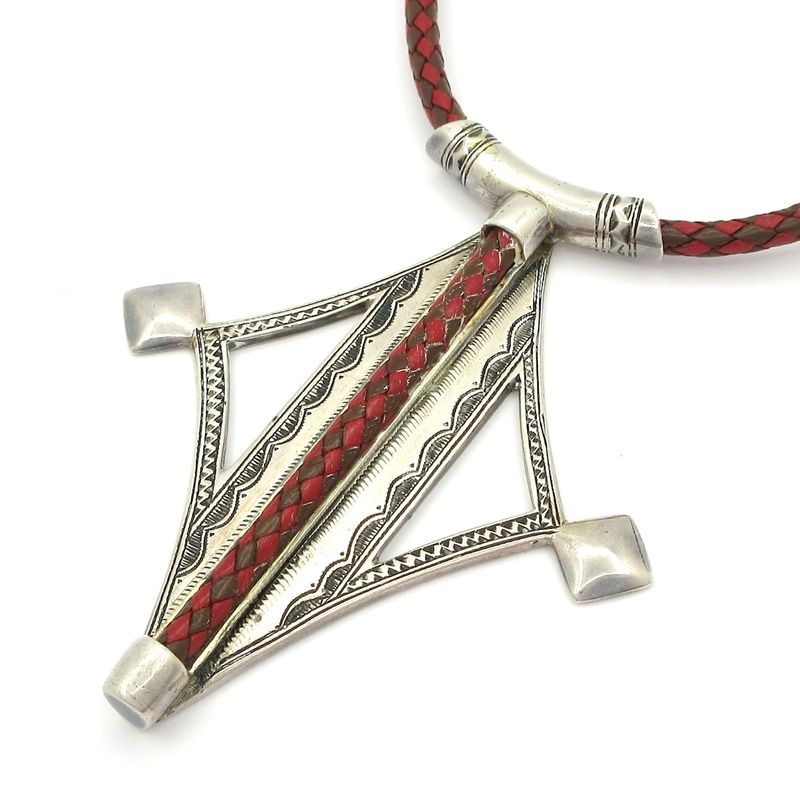 Hermes Necklace Touareg Leather Red×brown×silver