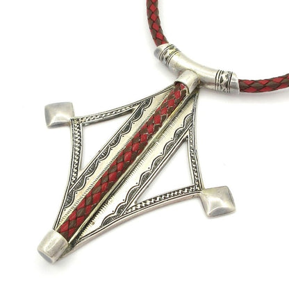 Hermes Necklace Touareg Leather Red×brown×silver